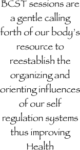 BCST sessions are a gentle calling forth of our body’s resource to reestablish the organizing and orienting influences of our self regulation systems thus improving Health